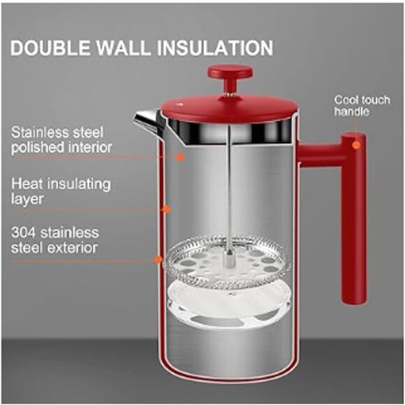 Stainless Steel French Press Coffee Maker, Double-Wall Coffee Press- 34oz, Red - Picture 4 of 6